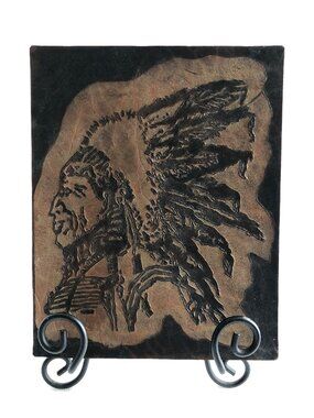 Exquisite Handmade Leather Portrait of Native American Chief 9.5x7.5 inches